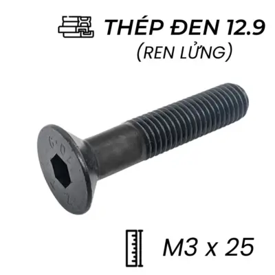 Lục Giác Chìm Col Thép Đen 12.9 DIN7991 M3x25 Ren Lửng (50Cái/Bịch)