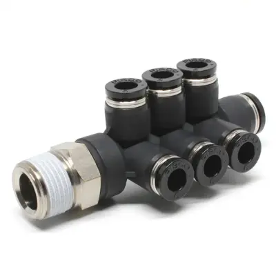 Đầu Nối Nhanh Khí Nén Dạng Chữ T Sáu Nhánh Ren Ngoài Pisco PKVD8-6-03W