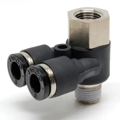 Đầu Nối Nhanh Khí Nén Hai Nhánh Cong 90° Đầu Lục Giác Trụ Ren Đực Cái Pisco PAF6-01