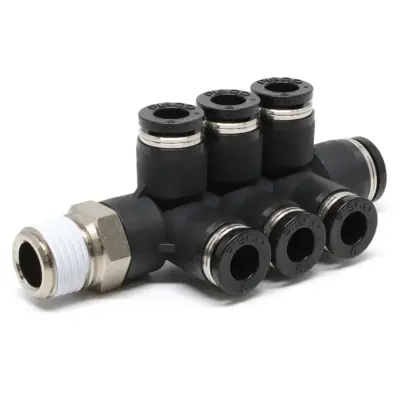 Đầu Nối Nhanh Khí Nén Dạng Chữ T Sáu Nhánh Ren Ngoài Pisco PKVD8-6-02W