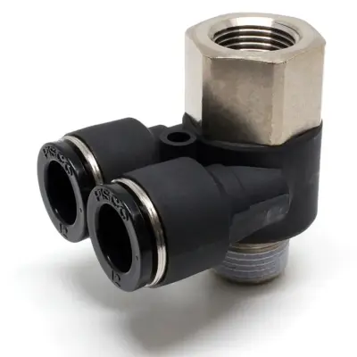Đầu Nối Nhanh Khí Nén Hai Nhánh Cong 90° Đầu Lục Giác Trụ Ren Đực Cái Pisco PAF12-03W