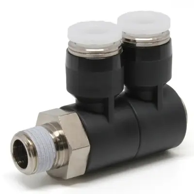 Đầu Nối Nhanh Khí Nén Hai Nhánh Cong 90° Thân Lục Giác Trụ Ren Ngoài Pisco PHW1/4-N1U