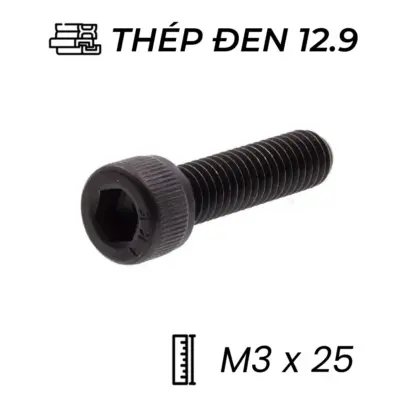 Lục Giác Chìm Đầu Trụ Thép Đen 12.9 DIN912 M3x25 (50Cái/Bịch)