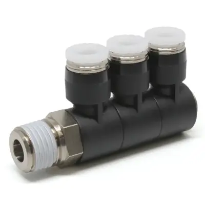 Đầu Nối Nhanh Khí Nén Ba Nhánh Cong 90° Thân Lục Giác Trụ Ren Ngoài Pisco PHT1/4-02