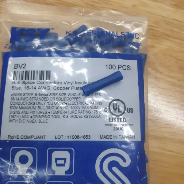 Đầu Cosse Nối Thẳng Cách Điện 2 mm2 KST BV2 Màu Xanh Dương