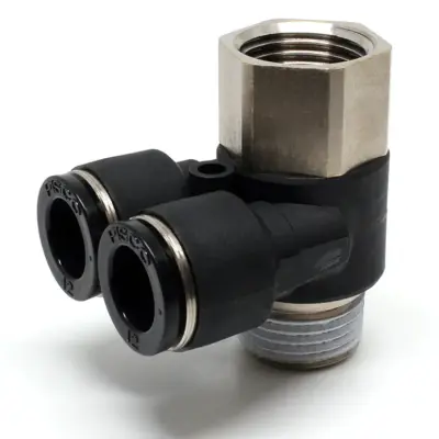 Đầu Nối Nhanh Khí Nén Hai Nhánh Cong 90° Đầu Lục Giác Trụ Ren Đực Cái Pisco PAF12-04