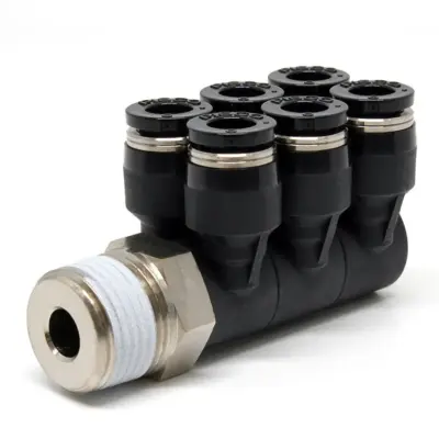Đầu Nối Nhanh Khí Nén Sáu Nhánh Cong 90° Thân Lục Giác Trụ Ren Ngoài Pisco PAT6-03W