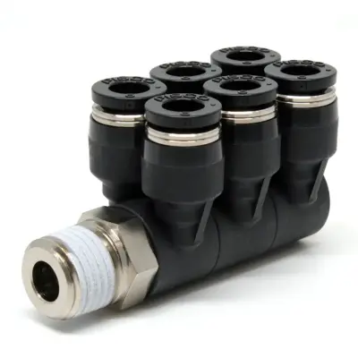 Đầu Nối Nhanh Khí Nén Sáu Nhánh Cong 90° Thân Lục Giác Trụ Ren Ngoài Pisco PAT6-02-UC