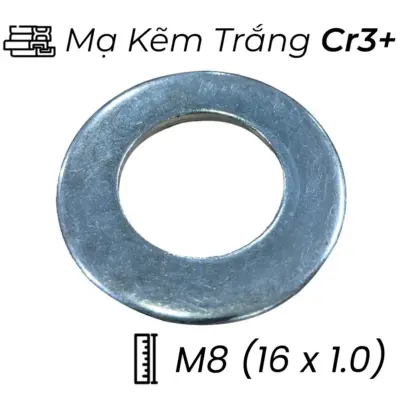 Lông Đền Phẳng Thép Mạ Kẽm Trắng Cr3+ M8 (16×1.0)