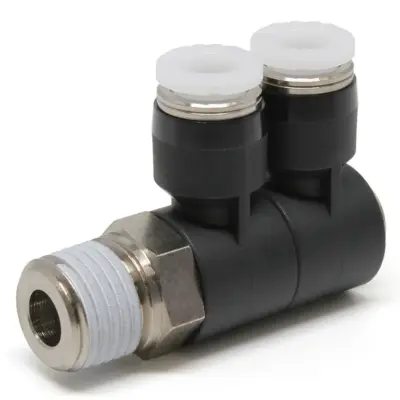 Đầu Nối Nhanh Khí Nén Hai Nhánh Cong 90° Thân Lục Giác Trụ Ren Ngoài Pisco PHW1/4-N2U