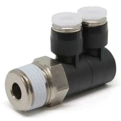 Đầu Nối Nhanh Khí Nén Hai Nhánh Cong 90° Thân Lục Giác Trụ Ren Ngoài Pisco PHW1/4-N3U