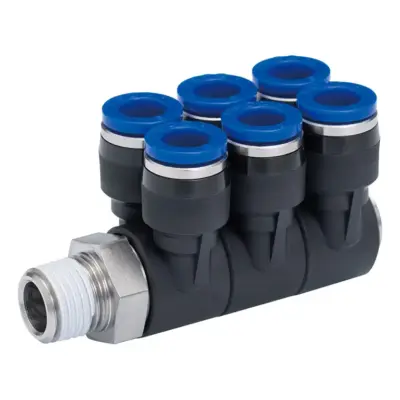Đầu Nối Nhanh Khí Nén Sáu Nhánh Cong 90° Thân Lục Giác Trụ Ren Ngoài Pisco SPAT10-03