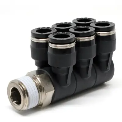 Đầu Nối Nhanh Khí Nén Sáu Nhánh Cong 90° Thân Lục Giác Trụ Ren Ngoài Pisco PAT8-03W